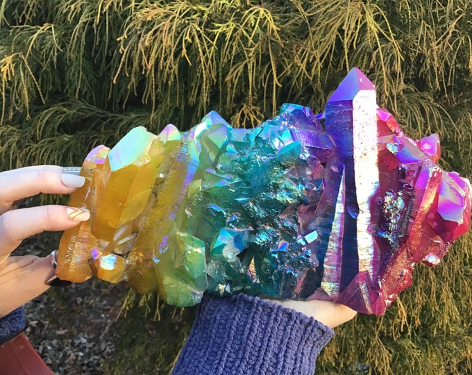 Aura Quartz Crystal Large 9 lb. Cluster ~ 10" Long ~ Massive Pink, Green, Yellow Rainbow Angel Colors ~ Centerpiece ~ Fast & Free Shipping