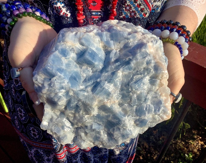 Blue Calcite Crystal Cluster ~ Large 8 Lb. 2 oz.  ~ 7" Long ~ Throat Chakra Reiki Healing Altar Display ~ Meditation, Metaphysical Decor ~