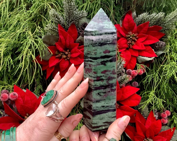 Ruby Zoisite Crystal Generator ~ 1 Lb. 12 oz. ~ 6 1/2" Tall Tower ~ Natural Red, Green & Black Colors ~ Fast Free Shipping