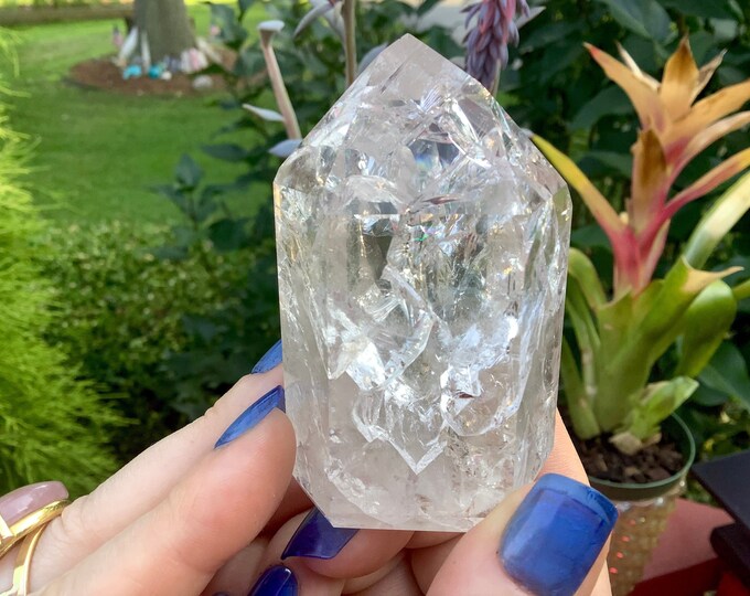 Clear Quartz Crystal Generator ~ 7 oz. ~ 2 1/2" Tall ~ Sparkling Rainbow Inclusions ~ Free Standing Tower ~ "Fire and Ice" ~ Free Shipping