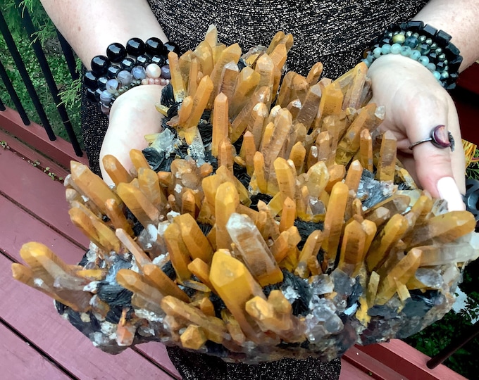 Limonite & Black Barite Quartz Crystal Cluster ~ Large 9 Lb. 9 oz. ~ 9" Long ~ Golden Points ~ Reiki Meditation Display ~ Fast Free Shipping