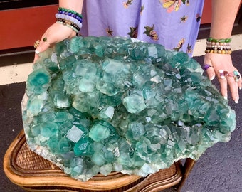 Blue Fluorite Crystal Quartz Massive 110 lb. Cluster ~ 22" Long ~ Deep Ocean Blue Colors ~ Geometry Cubic Formation ~ Largest & Best on Etsy