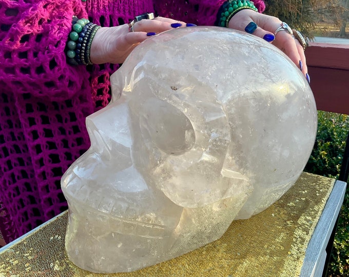 Clear Quartz Crystal Skull ~ Large 70 Lb. ~ 14" Long ~ High Quality Hand Carved ~ One of a Kind ~ Translucent Sparkling Rainbow Inclusions
