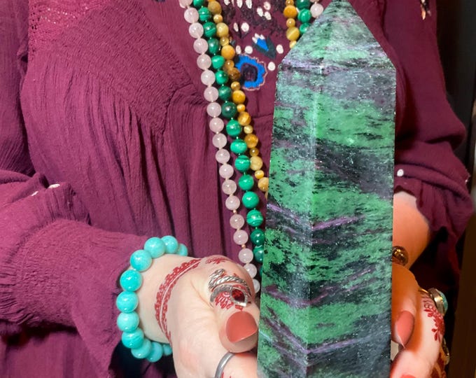 Ruby Zoisite Crystal Generator ~ 1 Lb. 7 oz. ~ 5 1/2" Tall ~ Red, Green & Black Vivid Colors ~ Metaphysical Home Decor ~ Fast, Free Shipping