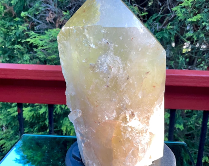 Clear Citrine Quartz Crystal Point ~ 9 Lb.  14 oz. ~ 8" Tall~ Sparkling Yellow with Golden Rainbow Inclusions ~ Custom Hand Carved Stand