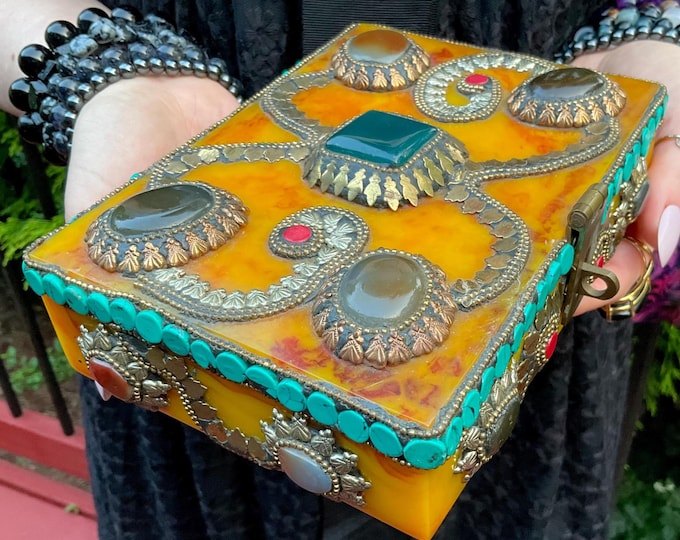 Tibetan Amber Jewelry Box ~ 7" Long ~ Vintage Inlayed Turquoise Red Coral & Agate Stones~ Golden Honey Colors ~ Expertly Hand Crafted
