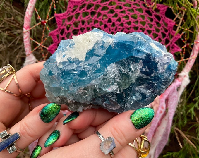 Blue Fluorite Crystal Cluster ~ Large 1 lb. 2 oz. ~ 4" Long ~ Ocean Blue & Clear Color Translucent Crystals ~ Sparkling Formations