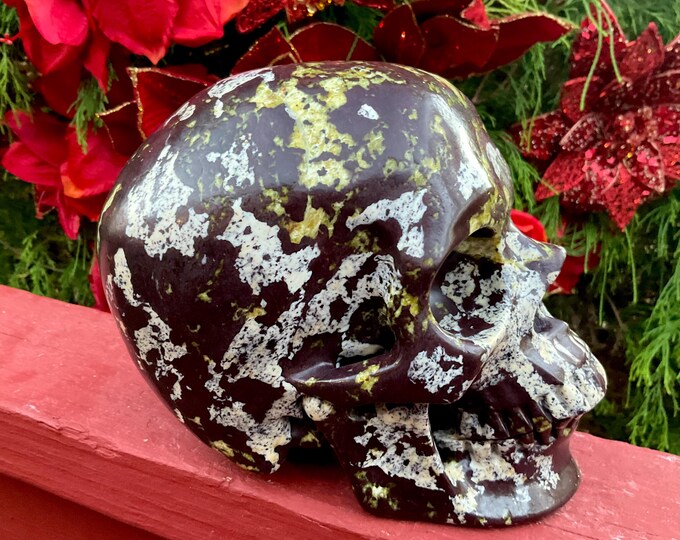 Electric Green Jasper Crystal Skull ~ Large 8 Lb ~ 7" Long ~ Hand Carved Free Standing Display Sculpture~ Swirling Red, White & Brown Colors