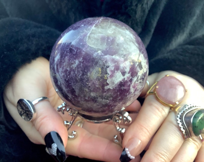 Lepidolite Crystal Ball w/ Display Stand ~ 14 oz. ~ 2" Wide ~ Sparkling Purple Colors ~ Reiki, Altar, Feng Shui ~ Free & Fast Shipping, USA