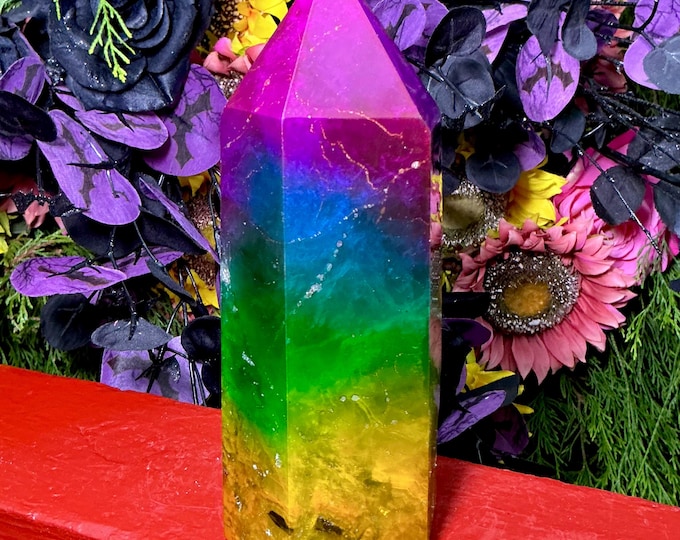 Rainbow Aura Fluorite Crystal Generator ~ 4 lb. 10 oz.~ 8" Tall Tower ~ Colorful Pink Blue Green Yellow Color ~ Fast Free Shipping U.S.A.
