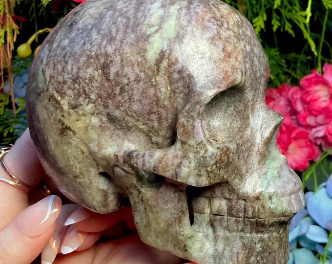 Boulder Chrysoprase Crystal Skull ~ Large 3 Lb. ~ 5" Long ~ Glowing Green & Golden Brown ~ One-of-a-Kind Hand Carved ~ Fast Shipping
