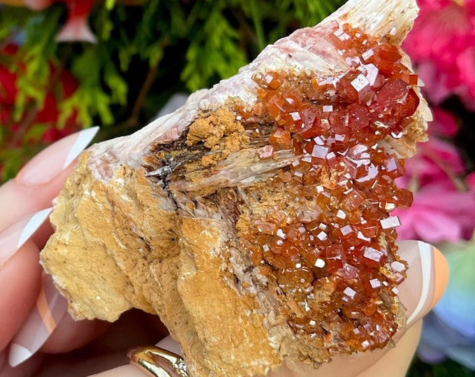 CLEARANCE ~ Vanadinite on Barite Cluster ~ 4 1/2 oz. ~ 2 1/2" Long ~ Sparkling Red Crystals ~ Gorgeous Home or Office Decor