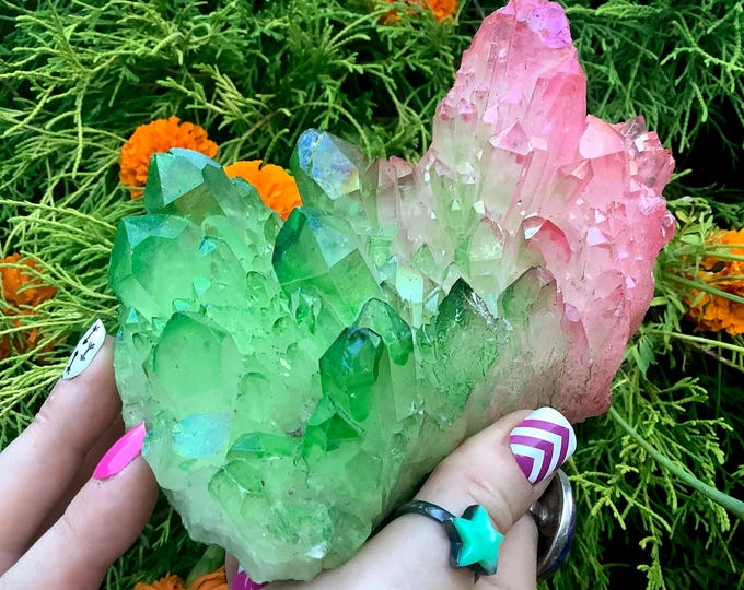 Pink & Green Aura Quartz Crystal Cluster ~ Large 1 Lb. 12 oz. ~ 6" Long ~ Heart Chakra Reiki Healing Altar Display ~ Metaphysical Home Decor