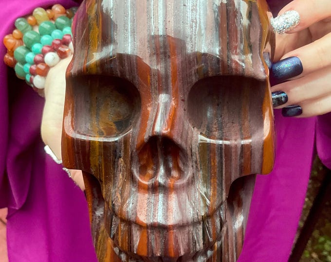 Tigers Eye Crystal Skull ~ Large 8 Lb. 12 oz. ~ 7" Long ~ One-of-a-Kind Carving ~ Swirling Golden Red Brown & Black Colors ~