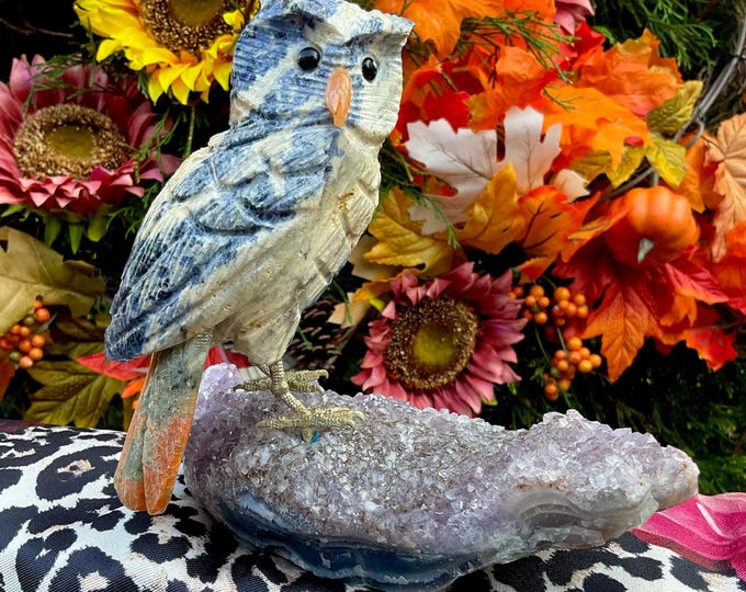 Sodalite Crystal Owl Carving ~ 2 Lb. 2 oz. ~ 6" Tall ~ Orange Apatite Tail ~ Amethyst Base ~ Owl Spirit Animal, Totem ~ Metaphysical Decor ~