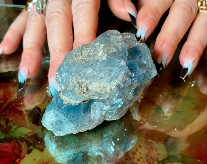 Blue Fluorite Crystal Cluster ~ Big 5.8 oz. ~ 2 1/2“Long ~ Sparkling White Matrix ~ Natural Cubic Formation