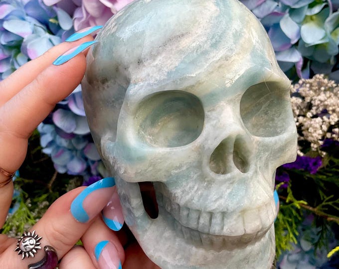 Amazonite Crystal Skull ~ 3 Lb. 3 oz. ~ 5" Long ~ One-of-a-Kind Green, White & Blue Colors ~ Expertly Hand Carved Sculpture