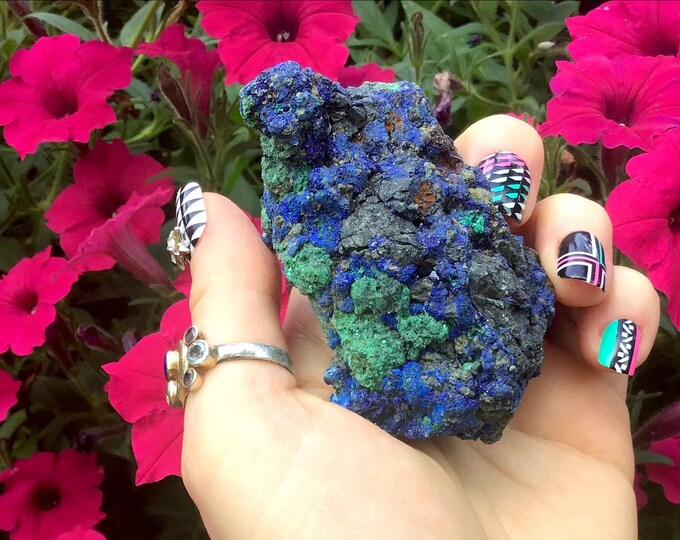 Azurite Crystal Cluster ~ 5.7 oz. ~ 2 1/2" Long ~ Indigo Blue, Malachite Matrix ~ Third Eye Chakra Reiki Healing Altar ~Fast & Free Shipping