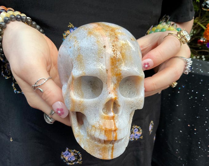 Chalcedony Agate Crystal Skull ~ 2 Lb. 11 oz. ~ 5" Long ~ Swirling Blue Yellow & Gold Colors Expertly Hand-Carved Display Sculpture ~