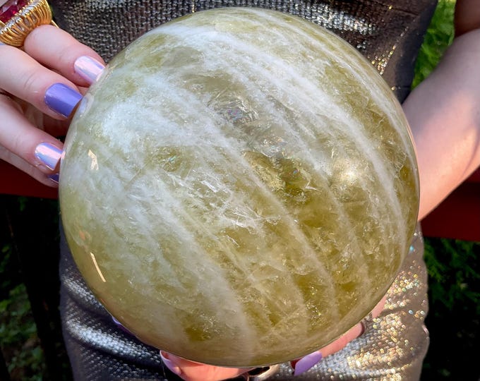 Citrine Crystal Ball ~ Large 11 Lb. 7 oz. ~ 6" Wide ~ Golden Yellow with White Quartz Bands ~ Big Polished Sphere with Sparkling Inclusions