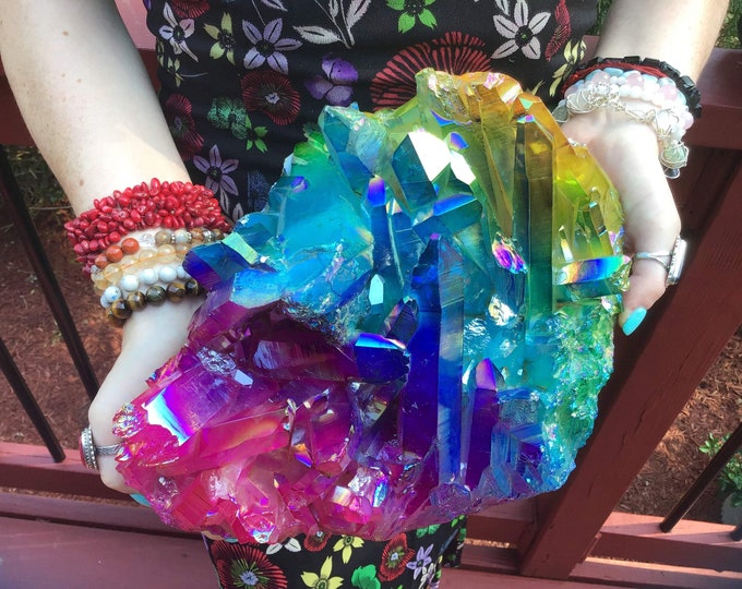 Rainbow Aura Quartz Crystal Cluster ~ Large 16 Lb. ~ 10" Long ~ Massive ~ Red, Blue, Green Colors~ Magnificent Centerpiece Display ~