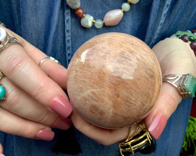 Peach Moonstone Crystal Ball ~ Large 12 oz. ~ 2 1/2" Wide Sphere ~ Flashing Iridescent Colors ~ Beautiful Home Decor ~ Fast Shipping, U.S.A.