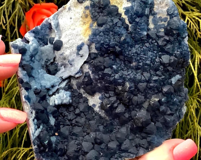 Indigo Blue Fluorite Crystal Cluster ~ Large 15 oz ~ 4" Long ~ Cubic Formation ~ Third Eye Chakra Healing Altar, Reiki Display, Metaphysical
