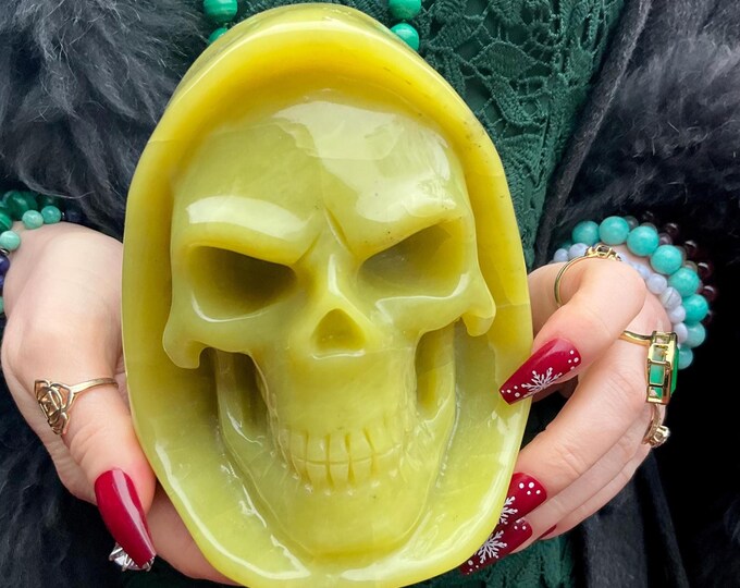 Lemon Quartz Crystal “Grim Reaper" Skull ~ Large 4 Lb 15 oz ~ Sparkling Golden Yellow Colors ~ 6" Tall ~ One-of-a-Kind Hand Carved Sculpture
