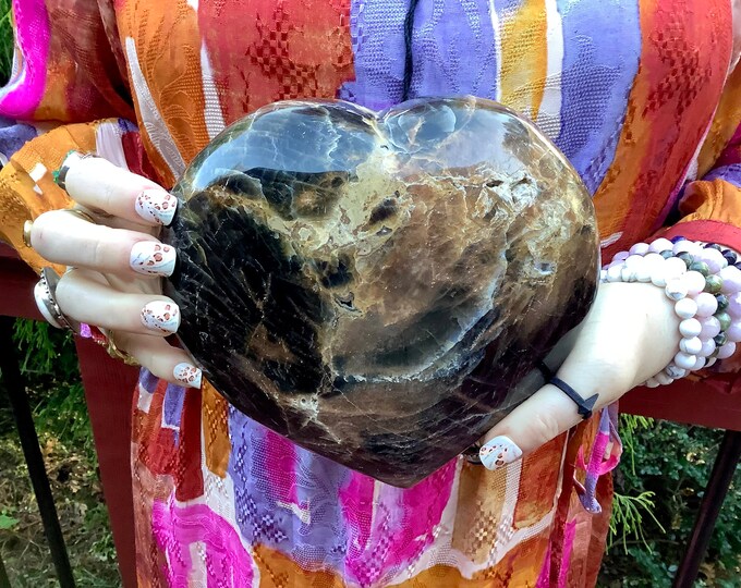 Black Moonstone Crystal Heart ~ Large 4 Lb. 15 oz. ~ 6" Wide ~ Flashing Peach, Gold & Black Mineral Gemstone ~ Fast Shipping