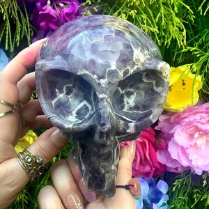 May include: A carved amethyst crystal skull. The skull is a deep purple color with lighter purple and white veining. The skull is held in front of a background of colorful flowers and greenery.