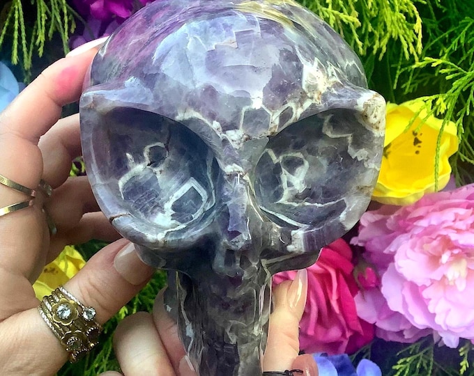 Amethyst Alien Crystal Skull ~ Large 3 Lb. ~ 5" Long ~ Stunning Purple, White & Violet ~ One-of-a-Kind, Expertly Hand Carved ~