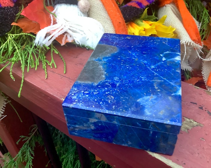 Lapis Lazuli Jewelry Box with Lid ~ 4" Long ~ Handmade from Afghanistan ~ Vintage Polished Display Specimen ~ Swirling Blue with Gold Pyrite
