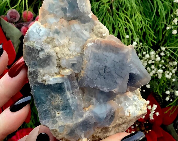 Blue Fluorite Cubic Crystal Cluster ~ Large 1 Lb. ~ 4" Long ~ Third Eye Chakra Reiki Healing Altar Display ~ Metaphysical Home Decor ~