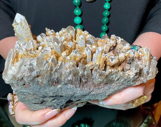 CLEARANCE! ~ Quartz W/ Limonite & Calcite Crystal Cluster ~ Large 3 lb.  ~ 6" Long ~ Multi Points Sparkling on Natural Matrix ~