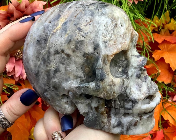 Fluorite Crystal Skull ~ Large 2 Lb. 12 oz. ~ 5" Long ~ Hand Carved ~ Purple, Red Grey & Black Colors Natural Sculpture ~ Free Shipping