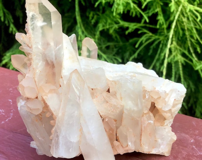 Lemurian Frosted Quartz Crystal Cluster ~ 7.3 oz.~ 3" Long ~ Beautiful Points Orange Pink Hue ~ Ancient Crystal ~ Fast & Free Shipping