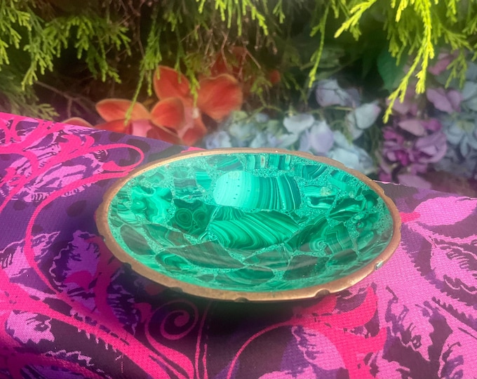 Vintage Malachite Bowl - 3" Oval ~ Copper Trim ~ Hand Made and Carved ~ Green Swirling Bullseye Colors ~ Fast & Free Shipping, USA ~