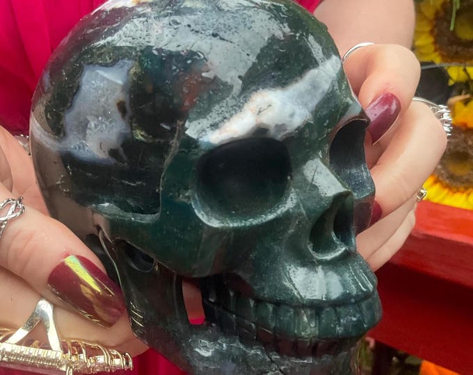 Moss Agate Crystal Skull ~ 2 Lb. 13 oz. ~ 5" Long ~ Swirling Green and White Colors ~ Expertly Hand-Crafted ~ Fast & Free Shipping, U.S.A. ~