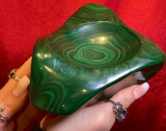 Malachite Bowl Vintage Hand Carved 3 Lb. 5 oz. ~ 6" Long ~ Bulls Eye Patterns