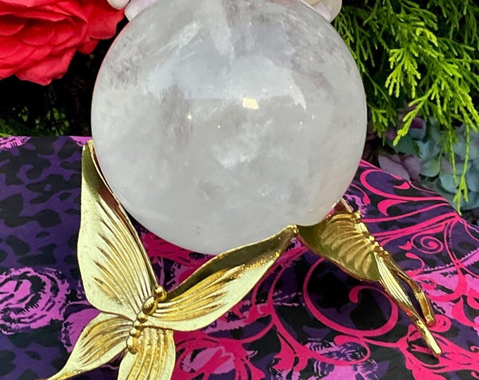 Clear Quartz Crystal Ball ~ With Decorative Gold Butterfly Display Stand ~ Large 2 Lb. 2 oz. ~ 3 1/2" Wide ~ Fast & Free Shipping, USA ~