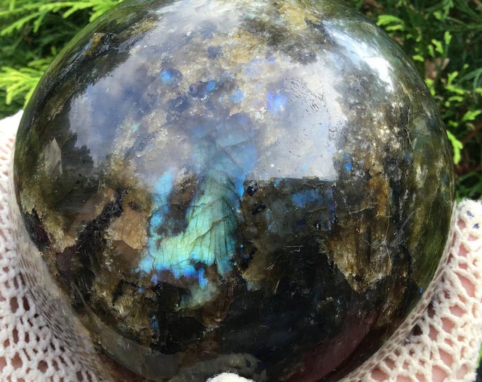 Labradorite Crystal Ball ~ Large 5 Lb. 5 oz. ~ 5" Wide Sphere ~ Flashing Blue & Gold Iridescent Mineral ~ Reiki, Feng Shui Display