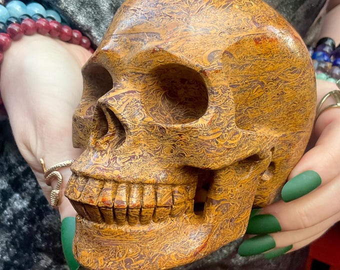 Fossilized Jasper Crystal Skull ~ Large 2 Lb. 14 oz.  ~ 5" Long ~ Hand Carved Sculpture ~ Golden Red Brown & Black Colors, Fast Shipping USA