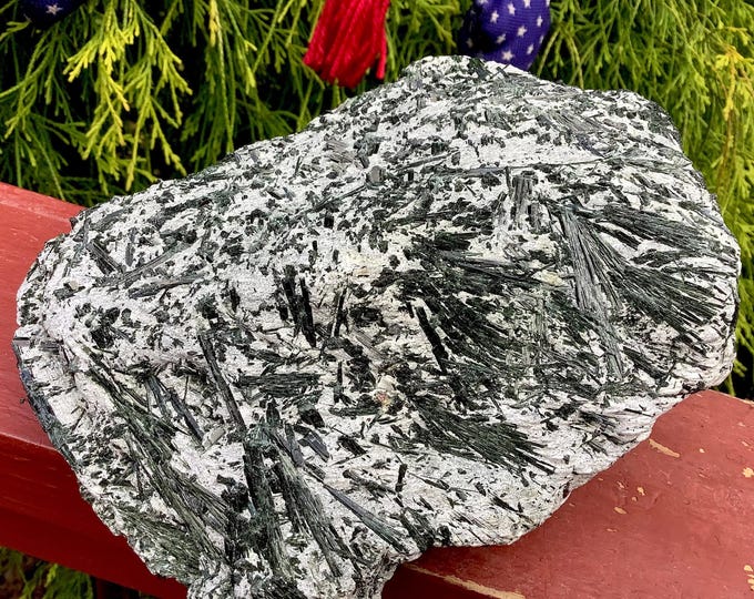 Green Actinolite Crystal Cluster ~ Large 4 lb. 15 oz. ~ 7" Long ~ Sparkling Translucent Mineral Bands on White Matrix ~