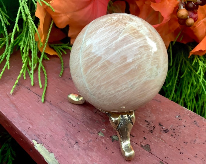 Peach Moonstone Crystal Ball w/ Brass Display Stand ~ 8 oz ~ 2" Wide ~ Flashing Iridescent Pink & White Mineral Gemstone ~ Altar, Home Decor