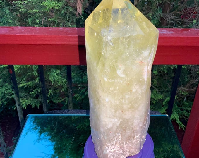 Clear Citrine Quartz Crystal Point ~ 5 Lb.  15 oz. ~ 9" Tall~ Sparkling Yellow with Golden Rainbow Inclusions ~ Custom Hand Carved Stand