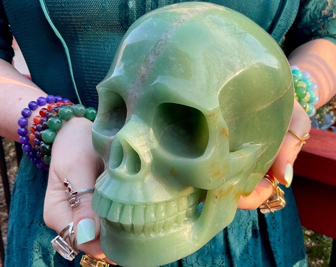 Life Sized Green Aventurine Crystal Skull ~ Large 7 Lb. 7 oz. ~ 7" Long ~ Hand Carved ~ Sparkling Green & Golden Healer Quartz Inclusions ~