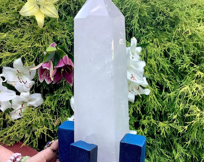 Snow Quartz Crystal Generator ~ Large 24 Lb. ~ 19" Tall ~ Huge Point ~ w/ Handmade Custom Sparkly Blue Display Stand ~ Fast & Free Shipping