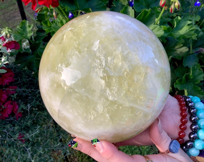 Citrine Crystal Ball ~ Large 10 Lb. 5 oz. ~ 6" Wide ~ Natural Golden Yellow Colors ~ Banded White Quartz Lines ~Sparkling Silver Inclusions