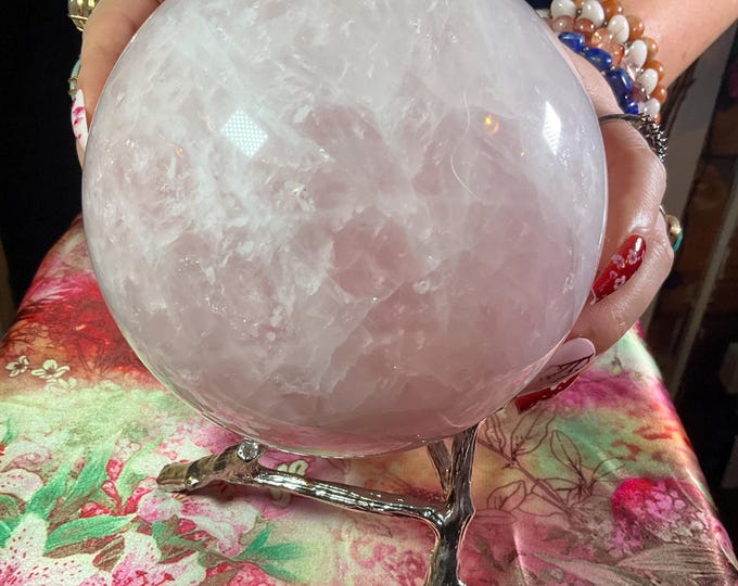 Rose Quartz Crystal Ball ~ Large 6 lb. 8 oz. ~ 5" Wide ~ with Silver Metal Twig Display Stand ~ Beautifully Polished Pink Sphere ~
