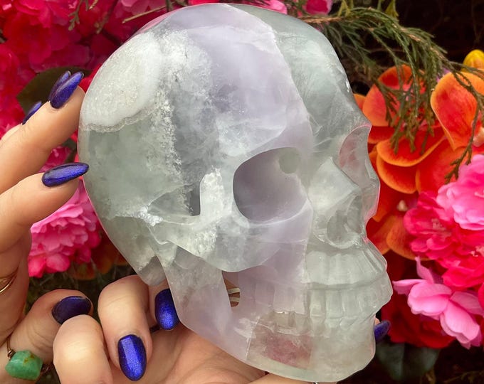 Rainbow Fluorite Crystal Skull ~ Large 3 Lb. 5 oz. ~ 5" Tall ~ Expertly Hand Carved Sculpture ~ Translucent Purple, White & Green Colors ~